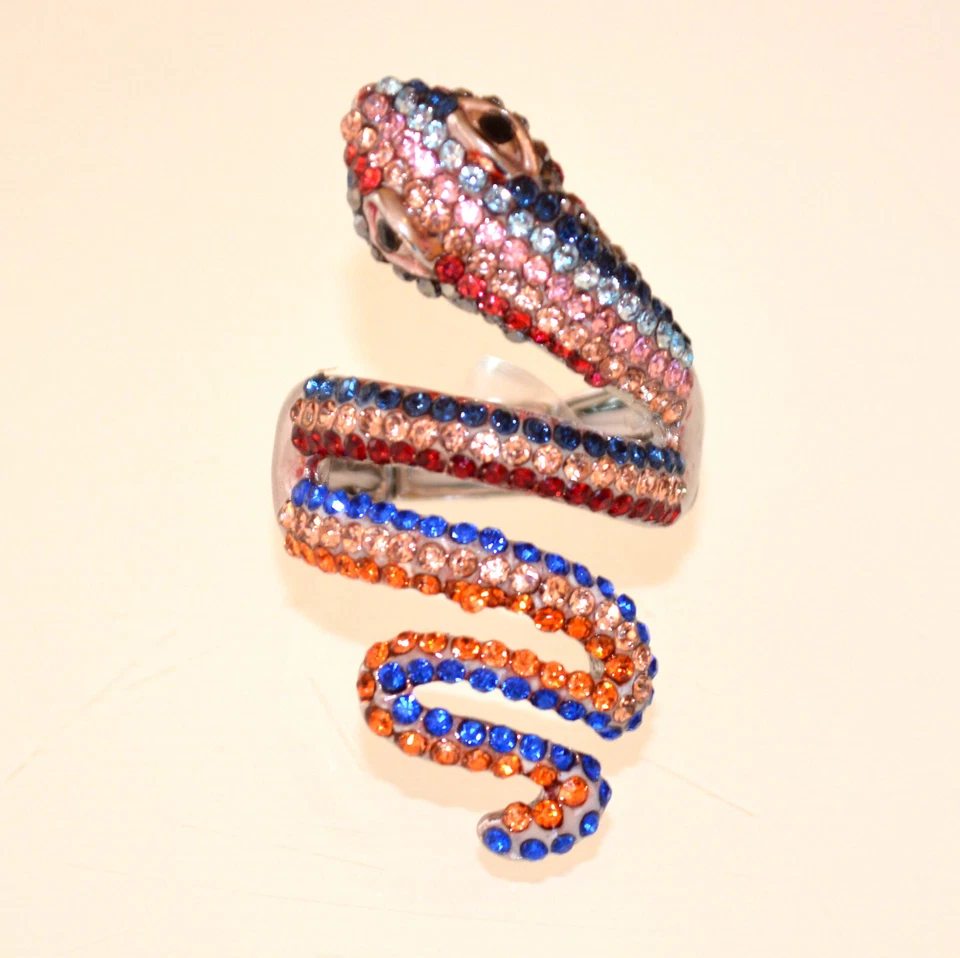 Anello donna argento serpente strass multicolore cristalli a molla elastico AX37 - Immagine 1 di 3