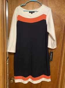 Sharagano W 16 Navy Coral Ivory Knit Sheath Dress 3/4 Sleeve Stretch Career NWT - Picture 1 of 8