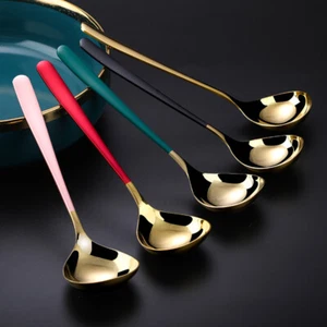 Soup Spoon 304 Stainless steel Long Handle Round Dinner Spoons Ladle Multicolor - Picture 1 of 30