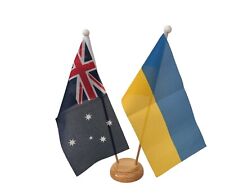 Australia Flag & Ukraine Flag 2 x Desk Table Flags Wooden Pole & Base