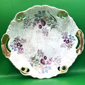 Plato de porcelana vintage tazón poco profundo floral dorado asas recortes - Imagen 1 de 10
