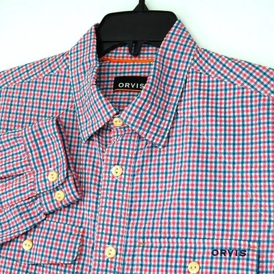 Orvis Seersucker Mens Medium Long Sleeve Button Up Shirt Checkered Pink & Blue - Image 1 of 4