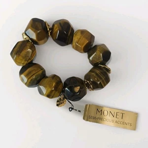 Vintage Monet Tiger’s Eye Stretch Bracelet Semi-Precious Beads Gold Tone Y2K - Picture 1 of 2