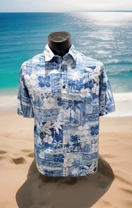 Bishop St. Vintage Half Button Aloha Hawaiian Shirt ~ Blue Jeans ~ Mens XL - Picture 1 of 6