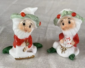 2 Vtg Napco Elf Holding Skate/Gift Spaghetti Trim Gnome Gold Trim Miniature 2” - Picture 1 of 12