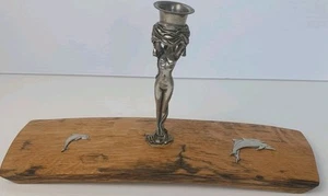 ART DECO Pewter & Wood Candlestick Holder Nude Lady Dolphins Decorative H14.5cm - Picture 1 of 14