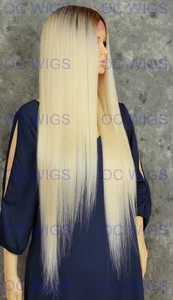 Extra lange gerade Lace Front Echthaar Mischung Perücke hellblond/dunkle Wurzeln EVEB - Bild 1 von 8