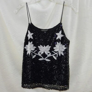 Topshop Women's Tank Top / Black Sequin & White Floral Beaded / Size 4 - Picture 1 of 4