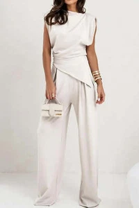 Elegante conjunto de top y pantalón envolvente asimétrico sin mangas de pierna ancha para mujer - Imagen 1 de 16