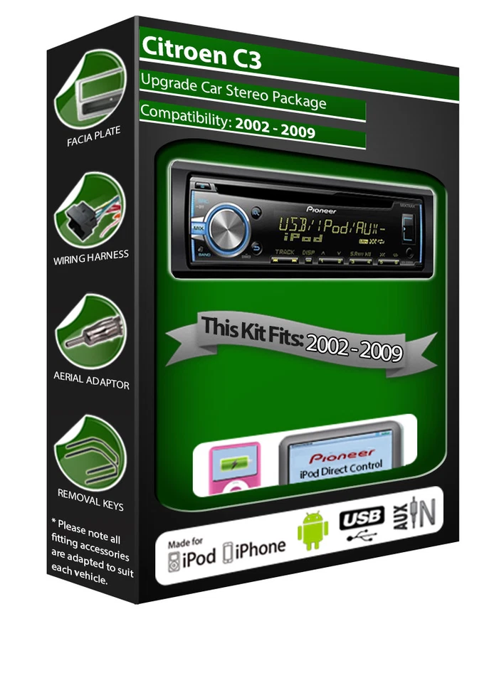 Citroen C3 Reproductor de CD,Pioneer Unidad Central Plays Ipod IPHONE Android - Imagen 1 de 1