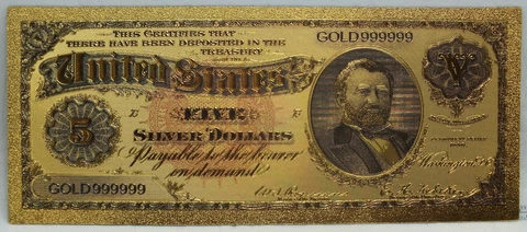 1886 $5 Morgan Back Dollar Silver Certificate 24K Gold Foil Note Bill - GFN13 Cover