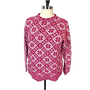Snowflake Fair Isle Sweater Women's Size 1X Knit Force Pink White Vintage - Picture 1 of 7