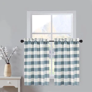VOGOL 30" Length Tier Curtains Blue & White Plaid Small Window Rod Pocket - 2X - Picture 1 of 6