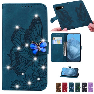 Diamond Butterfly Wallet Phone Case For Google Pixel 9 8 7 6 Pro XL 7A 8A 6A 9A - Image 1 of 4