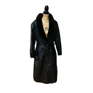 Vintage Braefair Leather Coat Womens Size L Black Slouchy Trench Faux Fur Collar - Picture 1 of 4