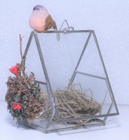 Handcrafted Stained Glass Birdhouse with realistic nest, wreath, and bird Cover