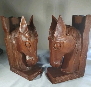 Bookends Pair of Rustic Carved Wood Carving Horse Head Made in the Philippines - Picture 1 of 12