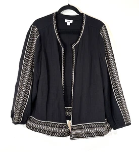 Pure Jill Seersucker bestickte Jacke XL schwarz weiß vorne offen Boho Blazer - Bild 1 von 9