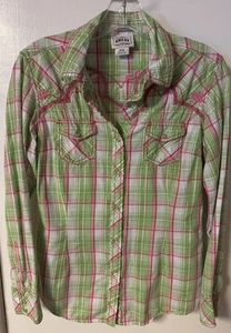 Ariat Brooke Fitted Pearl Snap Long Sleeve Lime Green And Pink Plaid Shirt W/emb - Picture 1 of 22