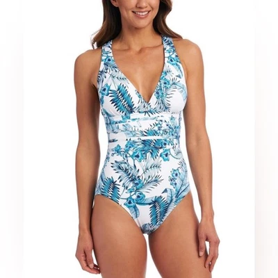 La Blanca Tranquility Palm Crossback Tummy Control One Piece Swim - Blue - 10 - Image 1 of 4