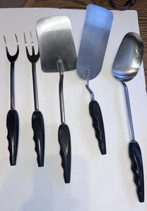 Vintage Set Of 5 Adel Stainless Heavy Duty Utensils Black Handles - Picture 1 of 17