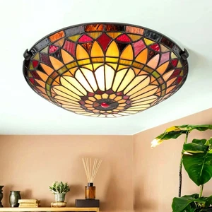 Plafoniera FARFALLA 10 in bronzo vetro colorato lampada Tiffany Ø42 cm soggiorno - Foto 1 di 7