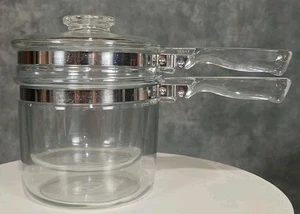Vintage Pyrex Flameware 1,5 Qt doppia caldaia 6283 con coperchio in vetro Pyrex - Foto 1 di 9