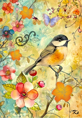 Caprichoso pájaro garbanzo mariposa flores 2.5x3.5 ACEO paisaje obras de arte Foto 1 de 3