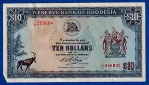 Rhodesia $10 1973  P-33f (15th Dec 1973) , Circulated  Banknote J/24 358804 - Picture 1 of 3