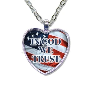 In God We Trust American Flag Patriotic HEART shaped glass pendant necklace - Picture 1 of 5