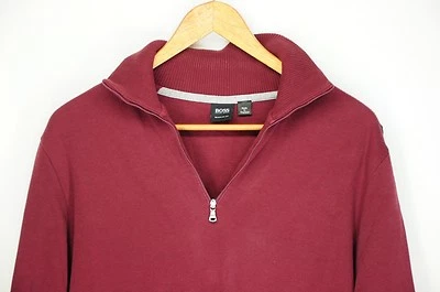 Hugo Boss 1/4 Zip Burgundy Red Knit Long Sleeve Stripe Rugby Sweater Men’s XL - Image 1 of 4