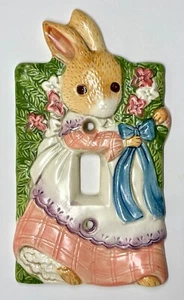 Vintage 80s Takakashi Ceramic Light Switch Cover Girl Bunny Rabbit Blue Bow - Picture 1 of 4