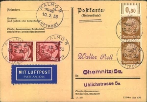 1936, tarjeta de respuesta con franqueo alemán por correo aéreo de MALMÖ - 211626 - Imagen 1 de 2