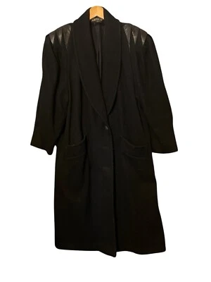 Vintage Black Wool Pea Coat With Leather Shoulder Padded  Details Sleeve  Size M - Image 1 of 4