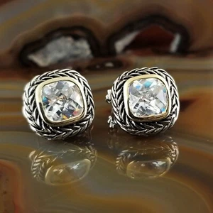 Balinese Silver & Gold 10MM Clear CZ Princess Cut Cable Bezel Earrings - Picture 1 of 4