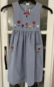 Youngland Girls A-Line Dress Blue Gingham embroidered flowers Sleeveless 6X - Picture 1 of 6