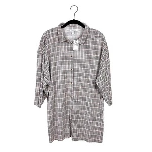 NWT Topshop Shirt Size M (8-10) Plaid Plisse Button-Up Blouse Tan 3/4 Sleeve - Picture 1 of 9