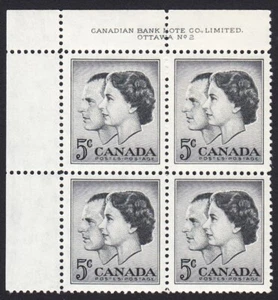QUEEN ELIZABETH & PRINCE PHILIP = 1957 Canada #374 MNH UL Block of 4 Plate #2 - Bild 1 von 1