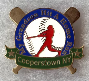 COOPERSTOWN NEW YORK HOME OF BASEBALL MY GRANDSON HIT A HR SOUVENIR PIN BUTTON - Picture 1 of 1