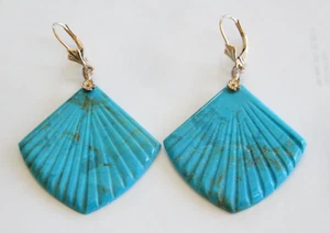 HTF Authentic Sleeping Beauty Turquoise Carved Shell Leverback Earrings 14k Gold - Picture 1 of 16