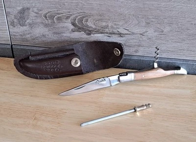 罕见复古套装 Laguiole 口袋刀开瓶刀磨刀器鞘皮革 — 第 1/4 张图片