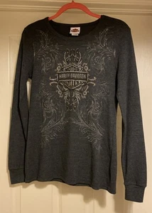 Harley Davidson Women's Long Sleeve Thermal Studded Rhinestone Biker Sz L - Picture 1 of 7