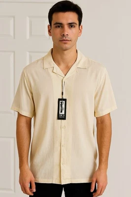 Dr Essentials Cream Button Front Shirt Size Men's Large Short Sleeve 100% Rayon - Image 1 of 4