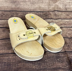 Vintage Dr Scholls The Original Exercise Sandals Wood Sole Tan Size 7 Italy - Picture 1 of 9