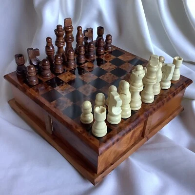 New Portable Chess Board Game Pieces Thuya Ebony Root Wood Box Toy Hidden Case - Image 1 of 4
