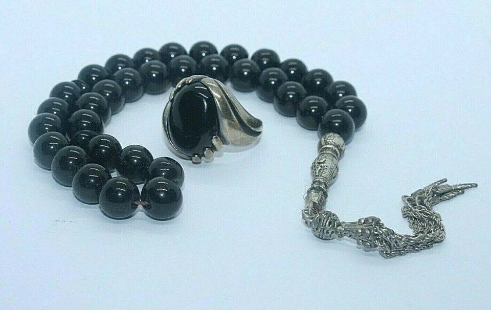 Yemeni Black Aqeeq Stone Agate Silver Men Ring , Black Yusr 33 Prayer Beads - Image 1 of 4