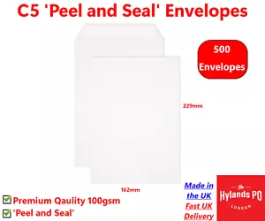 More details for premium c5 plain white envelopes peel and seal 100gsm, 229mm x 162mm