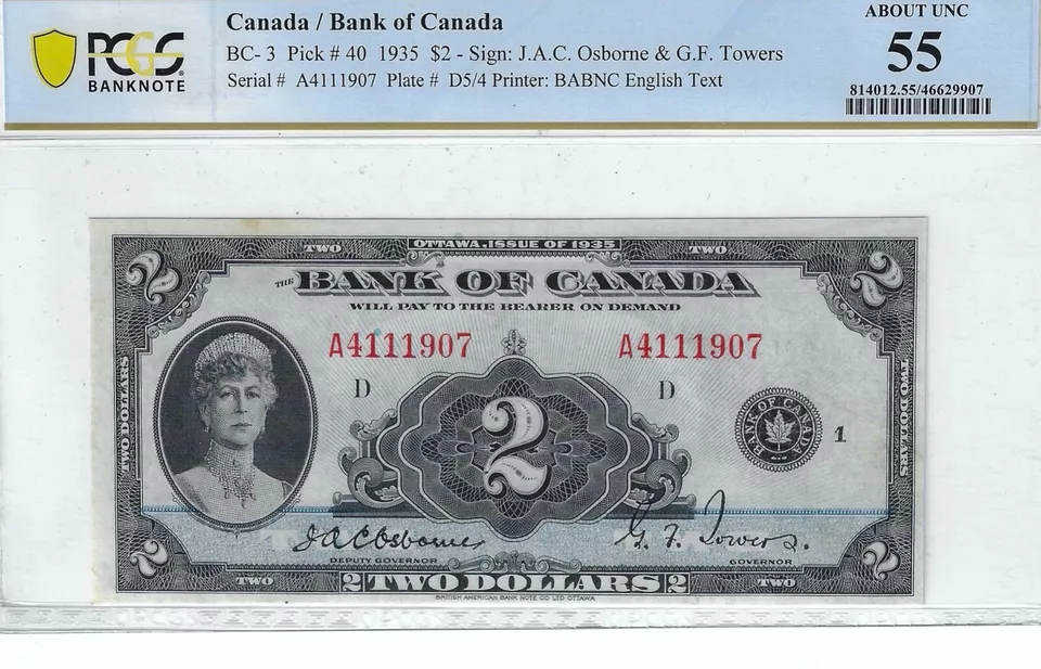 1935  BOC $2 Note BC-3, Ser #A4111907 Osb/Tow PCGS AU 55 English - Image 1 of 2