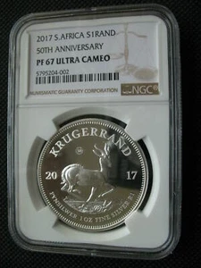 South Africa R1 2017 Silver Proof 1Oz Coin Krugerrand 50th Anniversary NGC PF67 - Picture 1 of 4