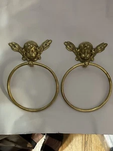 Two Antique vintage solid brass ANGEL CHERUB Towel ring holder set - Picture 1 of 2